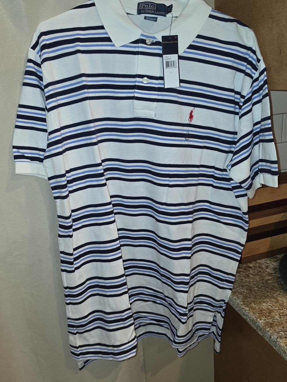 Polo by Ralph Lauren White Polo with Navy & Blue Stripes and Red Logo L